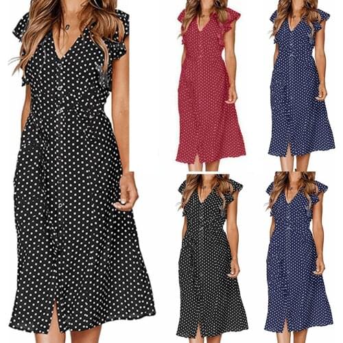 Dresses For Women Summer Casual Sexy V-Neck Summer Dots Prints Loose Butterfly Sleeve Ruffles Dress jurken zomer 2021 dames N