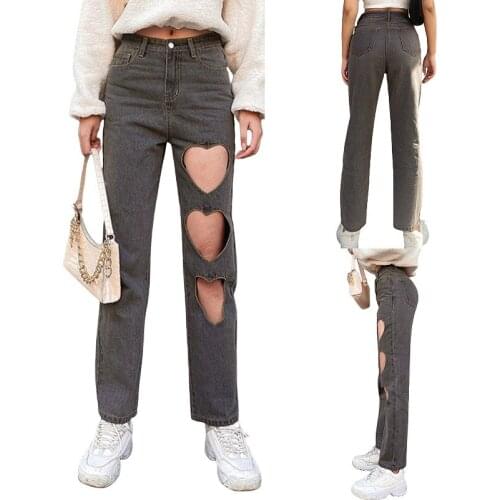 2021 New Fashion Woman Girls Heart Hallow Out Zipper Full Length Straight Jeans Denim Pant Trouser High Street Women Clothes