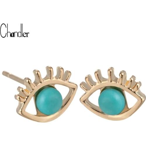Chandler Gold Color Plated Blue Kallaite Maxi Eye Shape Stud Earring For Women Piercing Jewelry Punk Boho Body Brincos Gifts