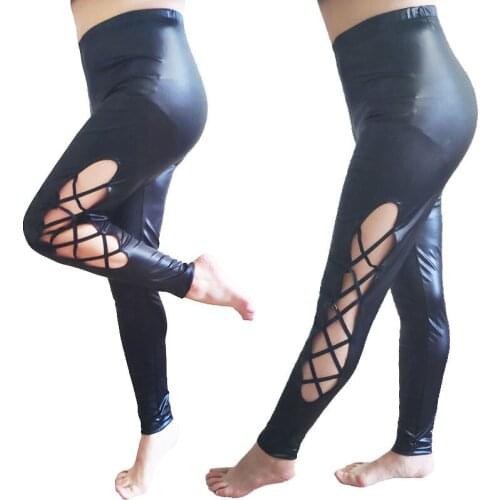Womens Leggings Sweatpants High Elastic Imitation Leather 4 Color Cross Strap