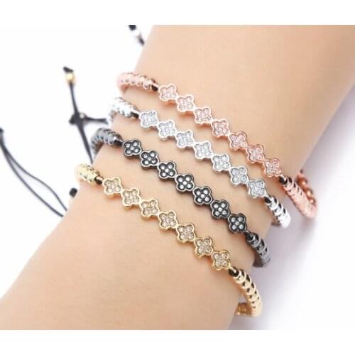 Gold silver micro pave cz Cubic Zirconia rope adjusted Copper Beads Bracelet tygf432 clover Charm Braided Bangles Women