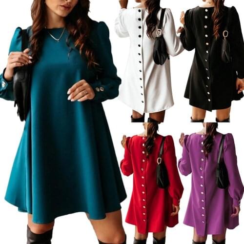 Dress Women Polyester Mini Dress Loose Fit Plus Size Cuff Women Casual Solid Color Long Sleeve Back Single-breasted Mini Dress