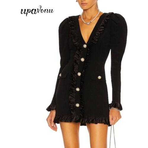 Free Shipping High Quality Womens Shiny Button Dress Sexy V-neck Ruffle Design Fashion Bodycon Mini Dress Banquet Party Vestido