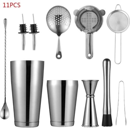 11pcs Stainless Steel Cocktail Shaker Bar Strainer Double Jigger Muddler Spoon
