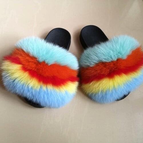 2020 Fury Slides for Women Real Fox Fur Slippers Tie Dye Fluffy Slide with Fur Rainbow Sandal Black Faux Blue Fur Shoe Wholesale