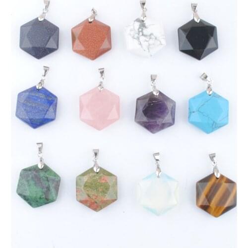 5Pcs Reiki Natural Stone Pendant Female Male Jewelry Faceted Polygon Shape Opal Tiger Eye Lapis Pendulum Amulet Charms IBN466