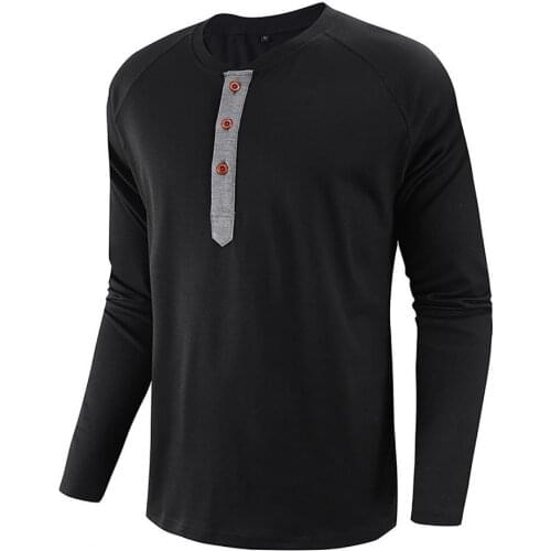 50% Dropshipping!!Fashionable Mens T-shirt Solid Color Buttons Sweat Absorbing Comfortable O-Neck Long Sleeve Top