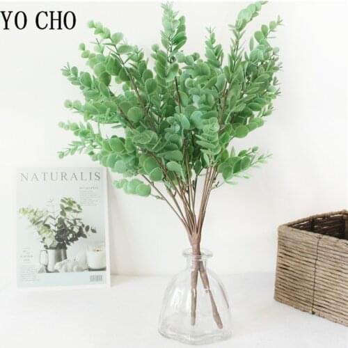 7 Forks Plastic Eucalyptus Leaves Fake Plants Flower Material for Wedding Flower Wall Home Decoration Greenery Plant Leaf Decor