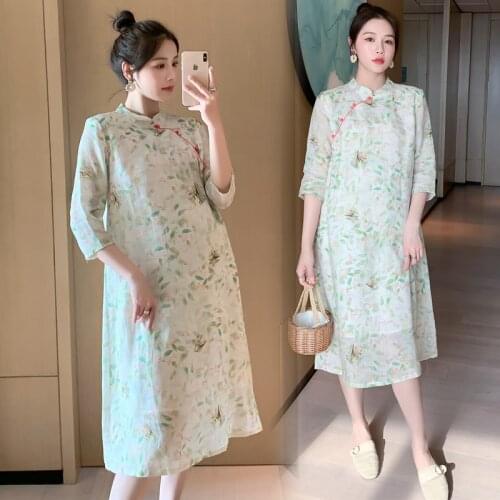 9600# Summer Chinese Style Floral Cotton Maternity Long Dress Elegant A Line Slim Clothes for Pregnant Women Pregnancy Cheongsam