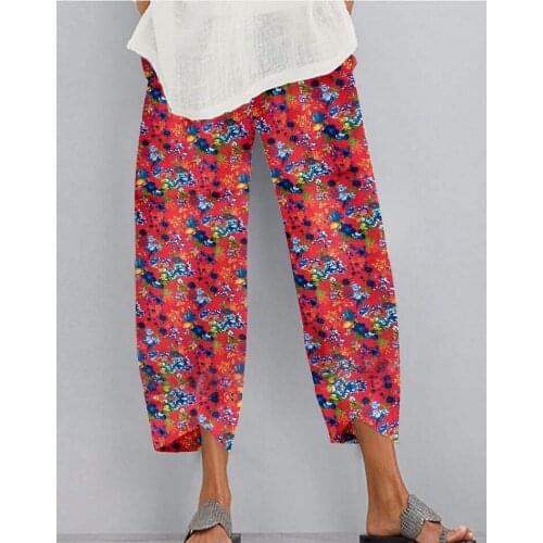 Bohemian Floral Printed Pants Women Elastic Waist Cotton Linen Pantalon Casual Loose Harem Pants Turnip Trousers