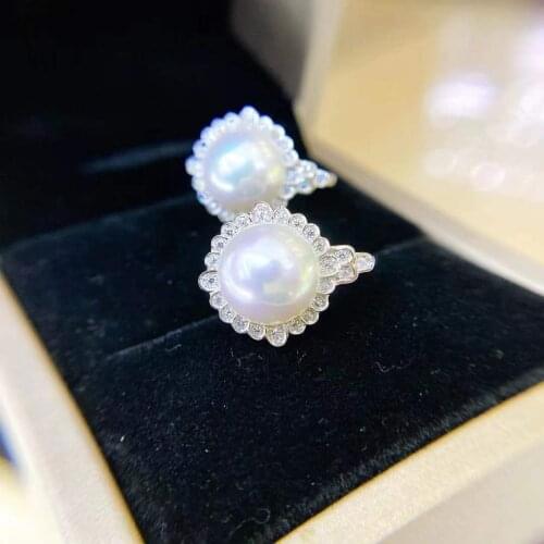 D531 Solid 925 Sterling Silver Round 9-10mm Fresh Water White Pearls Studs Earrings for Women Fine Jewelry Presents