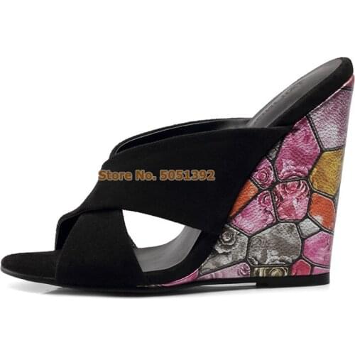 Ladies Printed Wedge Cross Sandals Peep Toe Extremely High Heel Slippers Suede Women Shoes Floral Heel Large Size