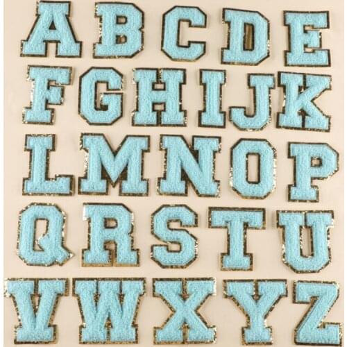 Diy Blue Towel Embroidered Letters Sewing On Patch Stripe Badge Alphabet Sequins Patches For Kid Clothing Patches For Jackets