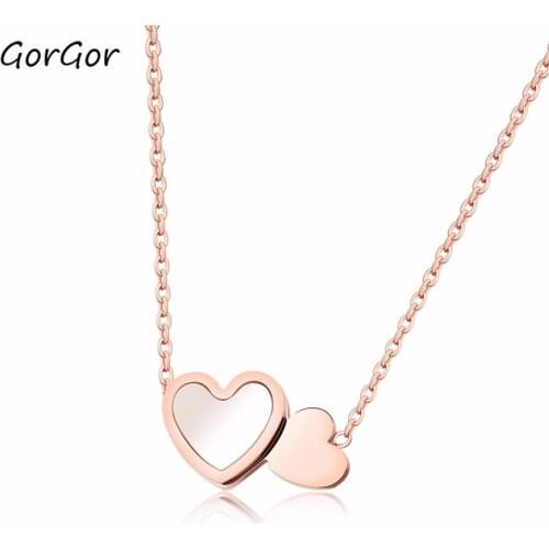 GorGor Japanese And Korean Style Fashion Fresh Double Love Stainless Steel Rose-plated Golden Clavicle Women Necklace 1189