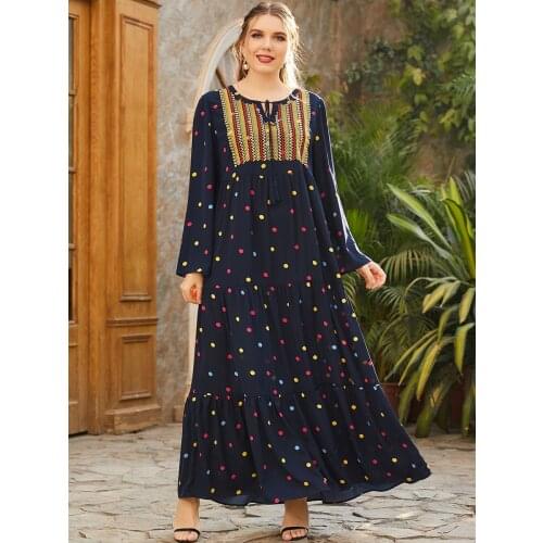 Dots Loose Retro Casual Ethnic Dress 2021 Embroidered Long Sleeve Arabic Muslim Islamic Clothes Plus Size Maxi Dress for Women