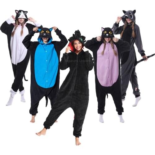 Kigurumi Unicorn Animal Adults Black Cat Bear Onesies Pajama Raccoon Costumes Dragon Jumpsuit Christmas Gift Zipper Kids
