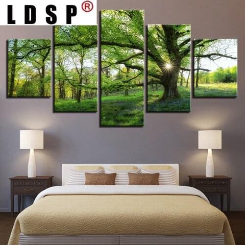LDSP Poster Home Decor Living Room Modular 5 Panel Green Tree Forest Landscape Wall Art Painting HD Printed Canvas Pictures
