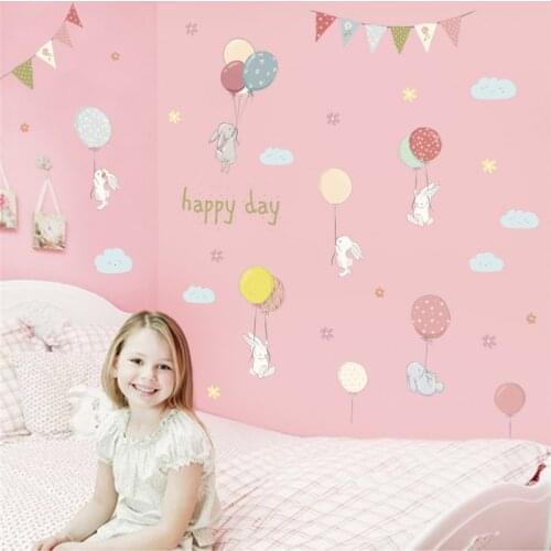 Cartoon animal rabbit balloon cloud flower wall stickers for kids rooms home decor diy posters wall decals pvc mural art