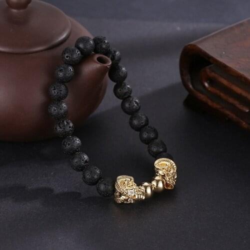 2019 New Elastic Bracelet Bangle Black Lava Buddha Beads Men Jewelry Gold Alloy Double Sheep Angle Accessories Charm Bracelet