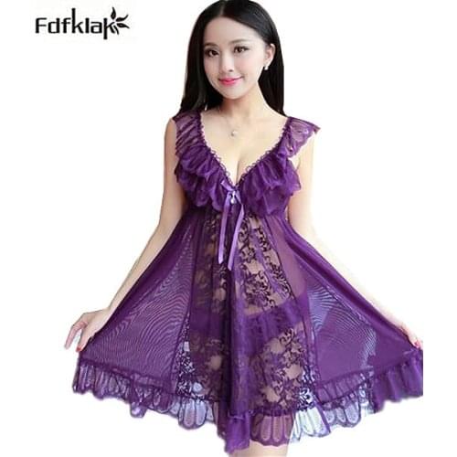 2020 New sexy lingerie sleeveless perspective lace dressing gowns 2 pieces nightdress women nightgown red/purple/black A0836