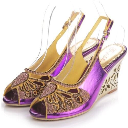 Summer New Fashion Elegant Wedge Sandals Purple Bee Pattern Rhinestone Wedge High-heeled Fish Mouth Roman Womens Shoes