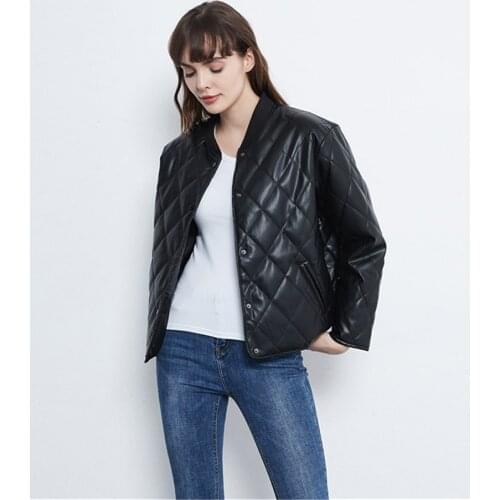 Parkas Stand-up Collar Diamond Lattice Texture Long-Sleeved Leather Stand-up Collar Imitation Leather Ladies Winter Coat Jacket