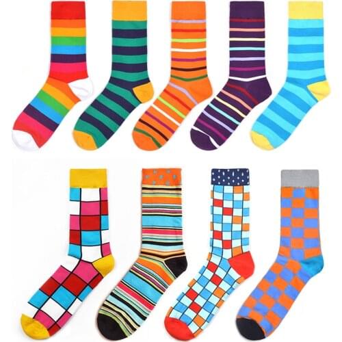 Peonfly Mens Hip Hop High Colorful Combed Cotton Happy Novelty Skateboard Striped Plaid Geometric Harajuku Socks Men