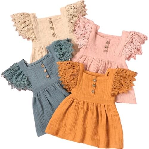 2021 Fashion Infant Kids Baby Girls Summer Dress Cute Sleeveless Round Neck Butterfly Print Belted Ruffle Dress 2-7Y