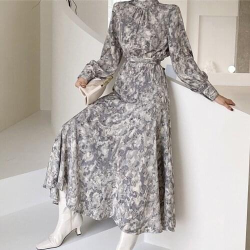 ZCSMLL Korean autumn elegant blooming ink printing stand-up collar tie waist knee-length long-sleeved dress women