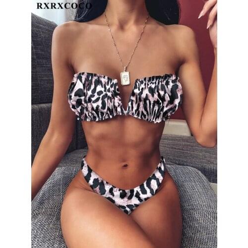 RXRXCOCO Bikini Bandeau Swimming Suit Solid Printed Leopard Swimsuit Swimwear Women Bathing Suit Beachwear Swimsuit Women