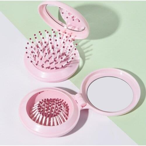 1pc Folding Air Bag Comb with Mirror Compact Pocket Size Portable Travel Hair Brush Cosmetic Mirror Head Massager Relax