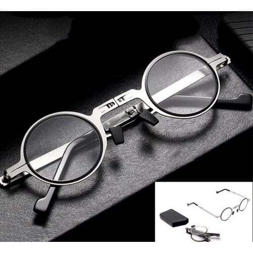 Folding Reading Glasses Men Women Portable Metal Ultra Thin Round Presbyopic Glasses with Case Anti-blue Light +1.5