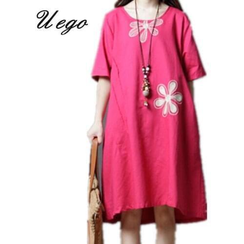 Uego 2021 New Fashion Embroidery Floral Summer Dress Cotton Linen Loose Women Casual Midi Dress Plus Size Ladies Female Vestidos