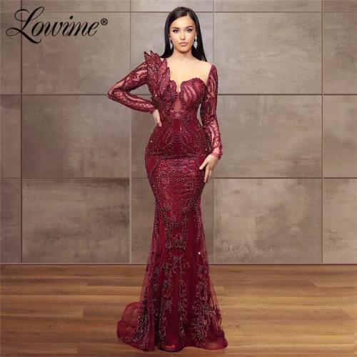 Wine Red Evening Dresses Islamic Turkish Long Sleeves Mermaid Party Gown Dubai Beaded Arabic Lace Prom Dress Robe De Soiree 2020