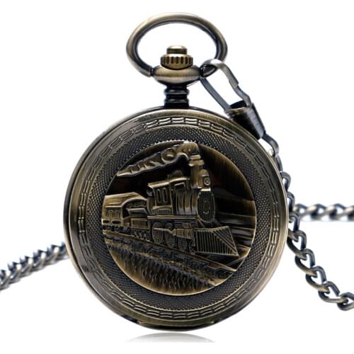Vintage Pocket Watch Double Hunter FOB Steampunk Running Steam Train Women Pendant Mechanical Hand Wind Classic Men Chain P1034C