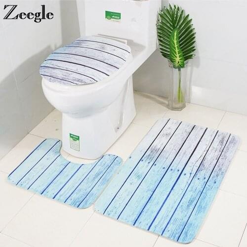 Zeegle 3Pcs Bathroom Mat Set Wood Printed Flannel Floor Rugs Toilet Mat Bathroom Carpet Sets Anti-slip Bath Mat Bathroom Rugs