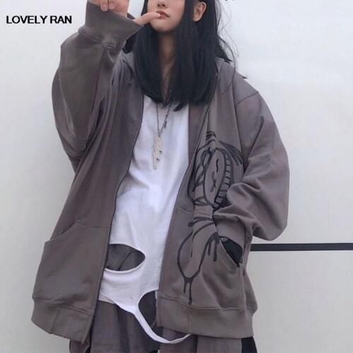 Women Gothic Hip Hop Long Sleeve Korean Hoodie Lady Zip Up Streetwear Cartoon Print Sweatshirts Casual Loose For Autumn 2021