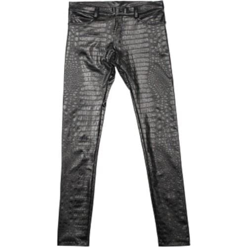 Men Pencil Pants 3 D Intaglio Printing Crocodile Grain Leggings PU Leather Casual Jean Hair Stylist Skinny Motorbike Trousers