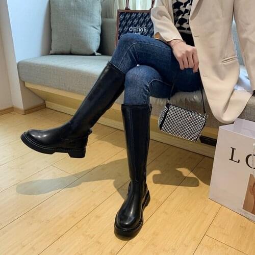 Side Zipper Women Knee High Boots Genuine Leather Vintage Round Toe Low Heels Boots Boots Working Casual Shoes Woman