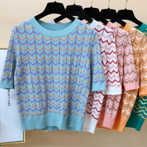 Wavy Stripes Color matching Ice silk Knit Short Sleeve Womens Top Summer 2021 New Elegant O-neck Hollow Thin Pullover Sweater
