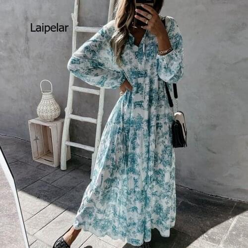 Summer New Flower Print Loose Dress Fashion Lace-Up Drawstring V Neck Long Dress Women Elegant Long Sleeve Party Dress XXL