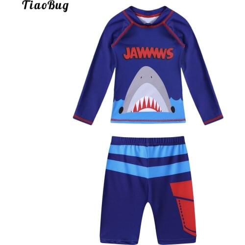 TiaoBug 2Pcs Kids Boys Swimsuit Stand Collar Long Sleeves Cartoon Shark Print Tops And Shorts Set Beach Pool Bathing Swimwear