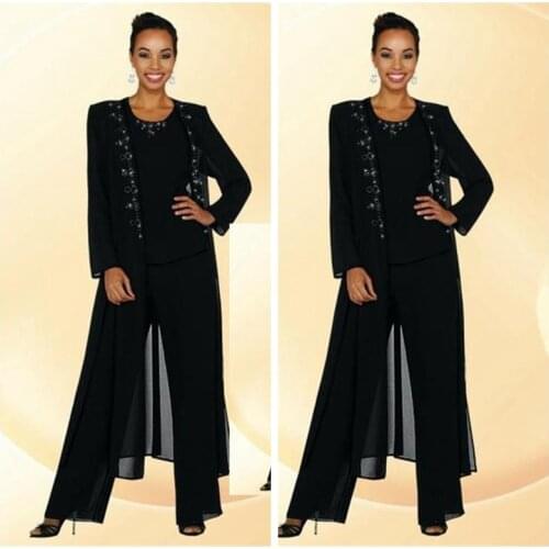 2019 Black Chiffon Mother Of The Bride Pant Suits Beaded Collar Long Sleeve Coat Custom Formal Evening Dresses