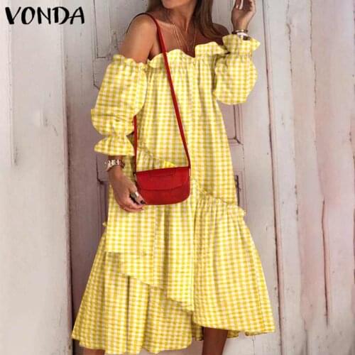 2021 VONDA Summer Dress Off Shoulder Sundress Vintag Lantern Sleeve Printed Printed Plaid Dresses Casual Asymmetric Vestido