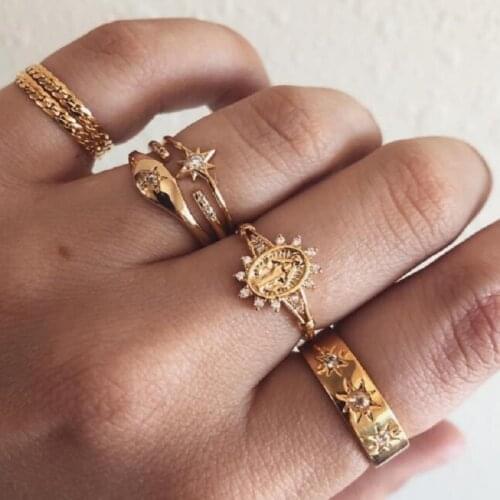 7 pc/set Bohemian Gold Color Eye Flower Rings Set for Women Geometric Alloy Knuckle Midi Rings Boho Jewelry wholesale