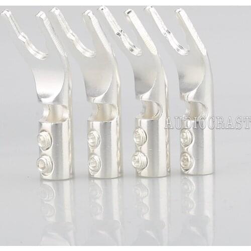 8xAudiocrast Pure copper Silver Plated Spade Plug Speaker Cable Wire Connector HiFi Fork Connector