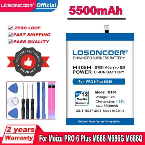 LOSONCOER 5400mAh BT66 Battery For Meizu PRO 6 Plus PRO6 M686 M686G M686Q Phone Batteries+Tools