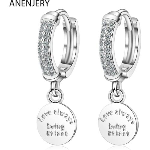 ANENJERY 925 Sterling Silver Round Disc English Letters Hoop Earrings Sparkling Cubic Zircon Earring S-E1079