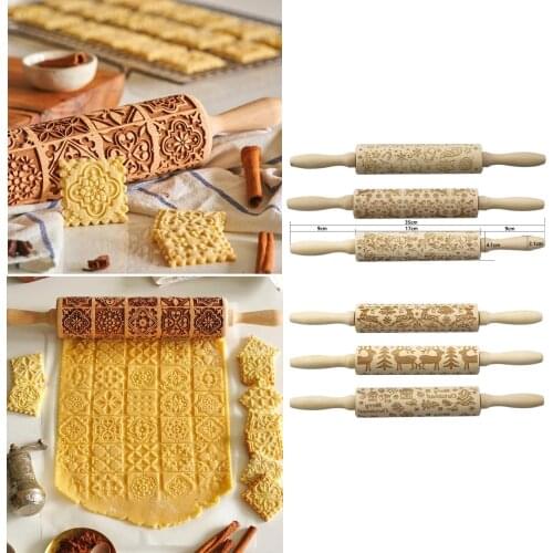 Christmas Embossed Rolling Pin Wood Carved Cookies Biscuit Printed Roller Gifts cake decorating tools dough roller wooden