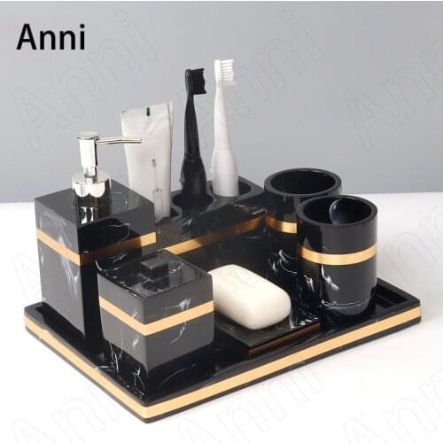 Household Resin Bathroom Set European Creativity Marble Texture Golden Stroke Soap Dish Toothbrush Holder Washroom Accessories